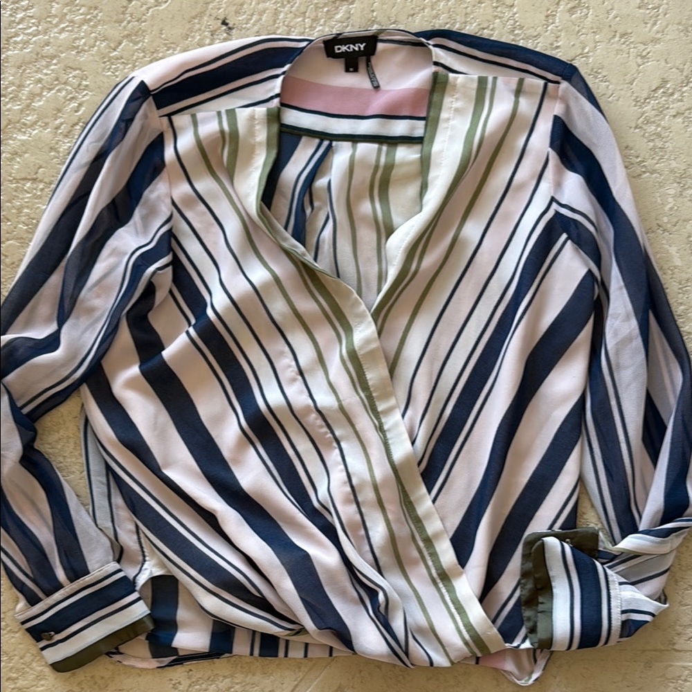 DKNY White and Blue Long Sleeve Wrap Blouse  FL